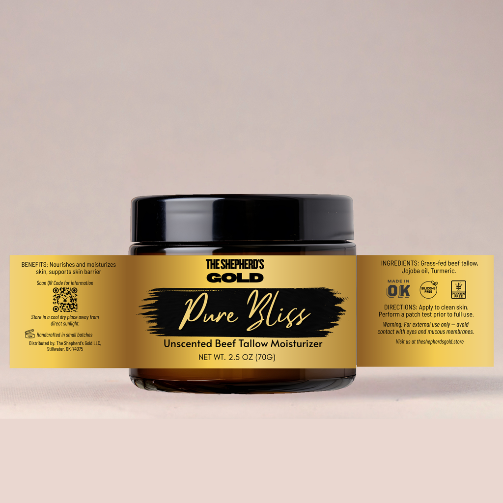 The Shepherd's Gold Pure Bliss unscented sheep tallow moisturizer jar on a beige background