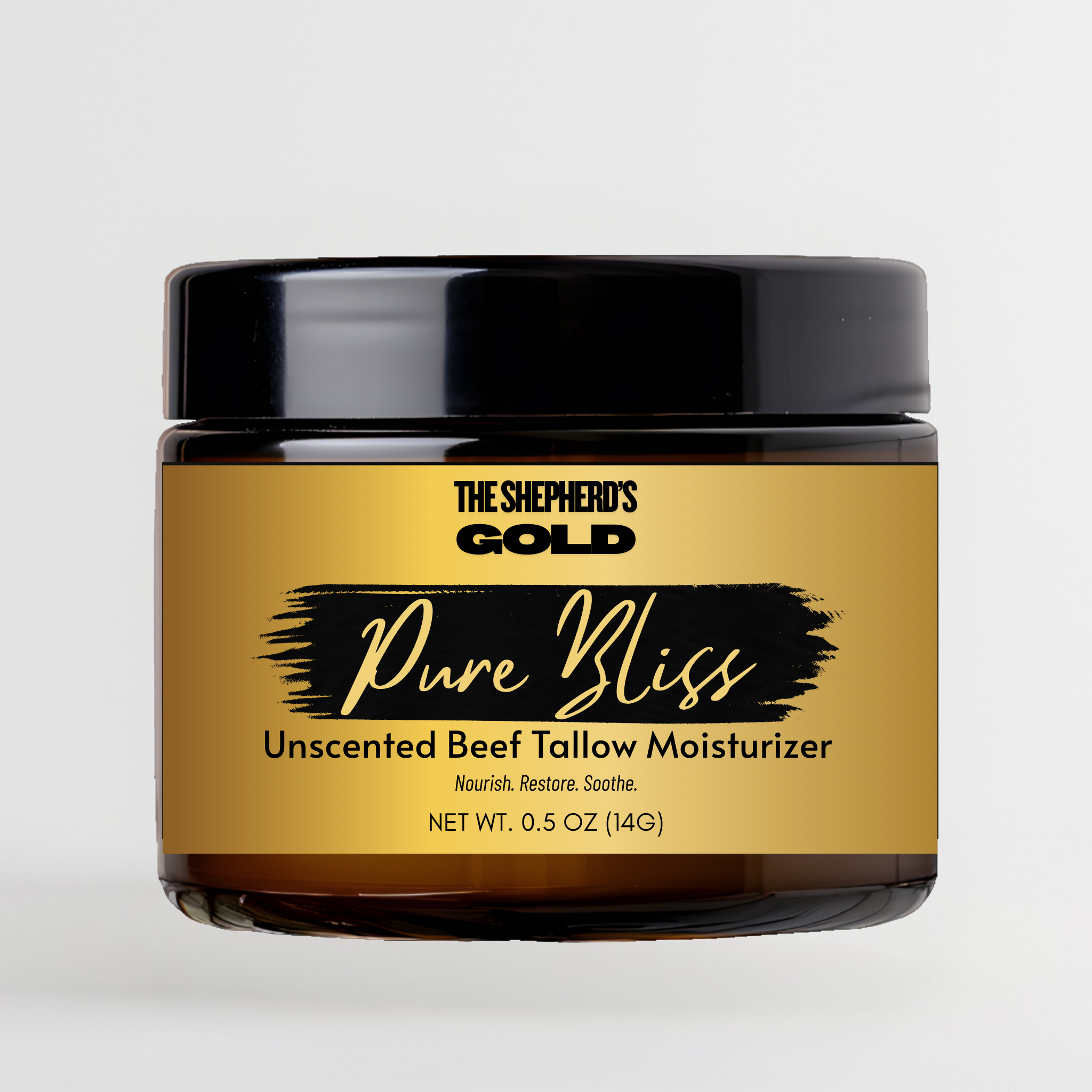 Jar of The Shepherd's Gold Pure Bliss Unscented Beef Tallow Moisturizer 0.5 oz on a light gray background
