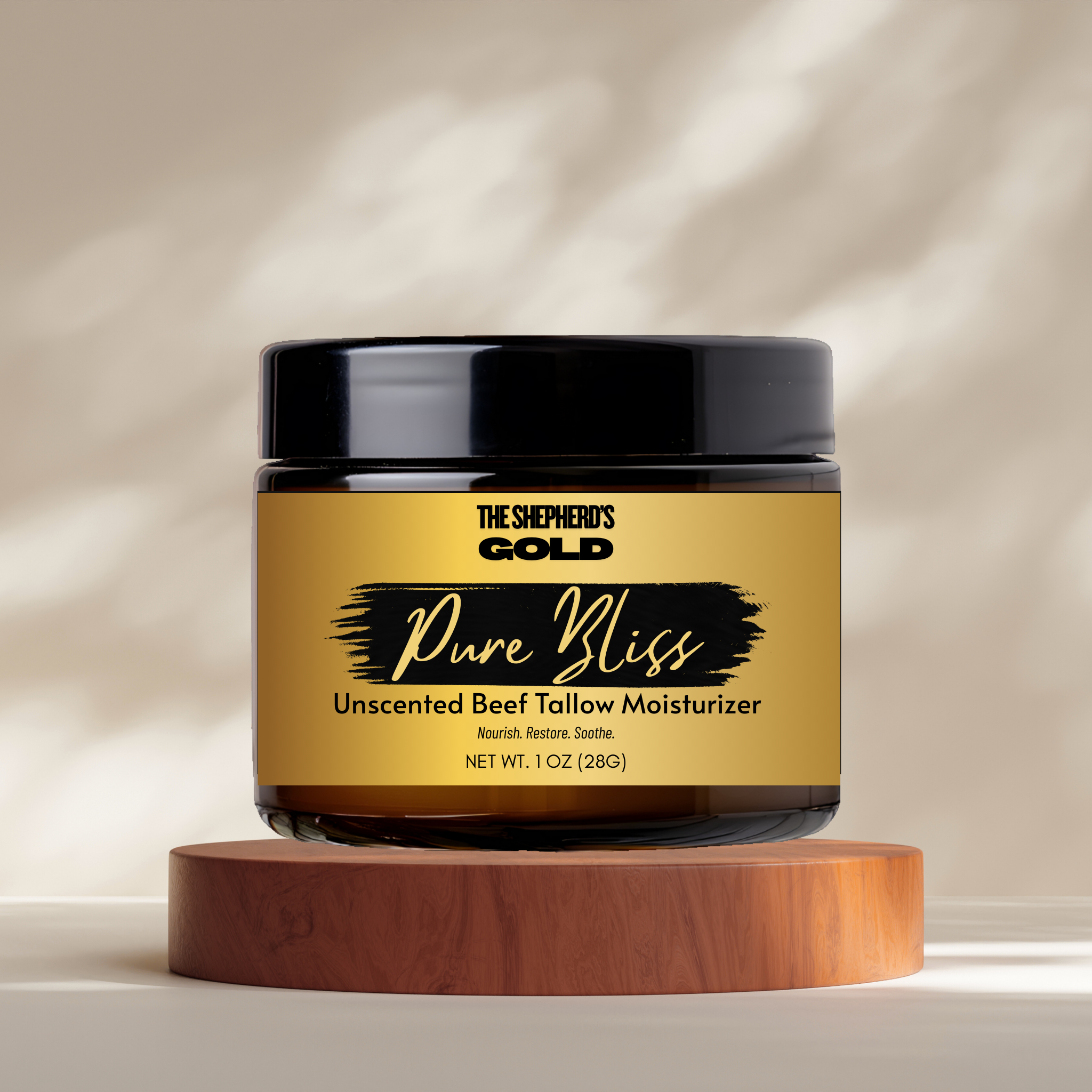 Shepherd's Gold Pure Bliss unscented beef tallow moisturizer jar on a wooden stand with a neutral background