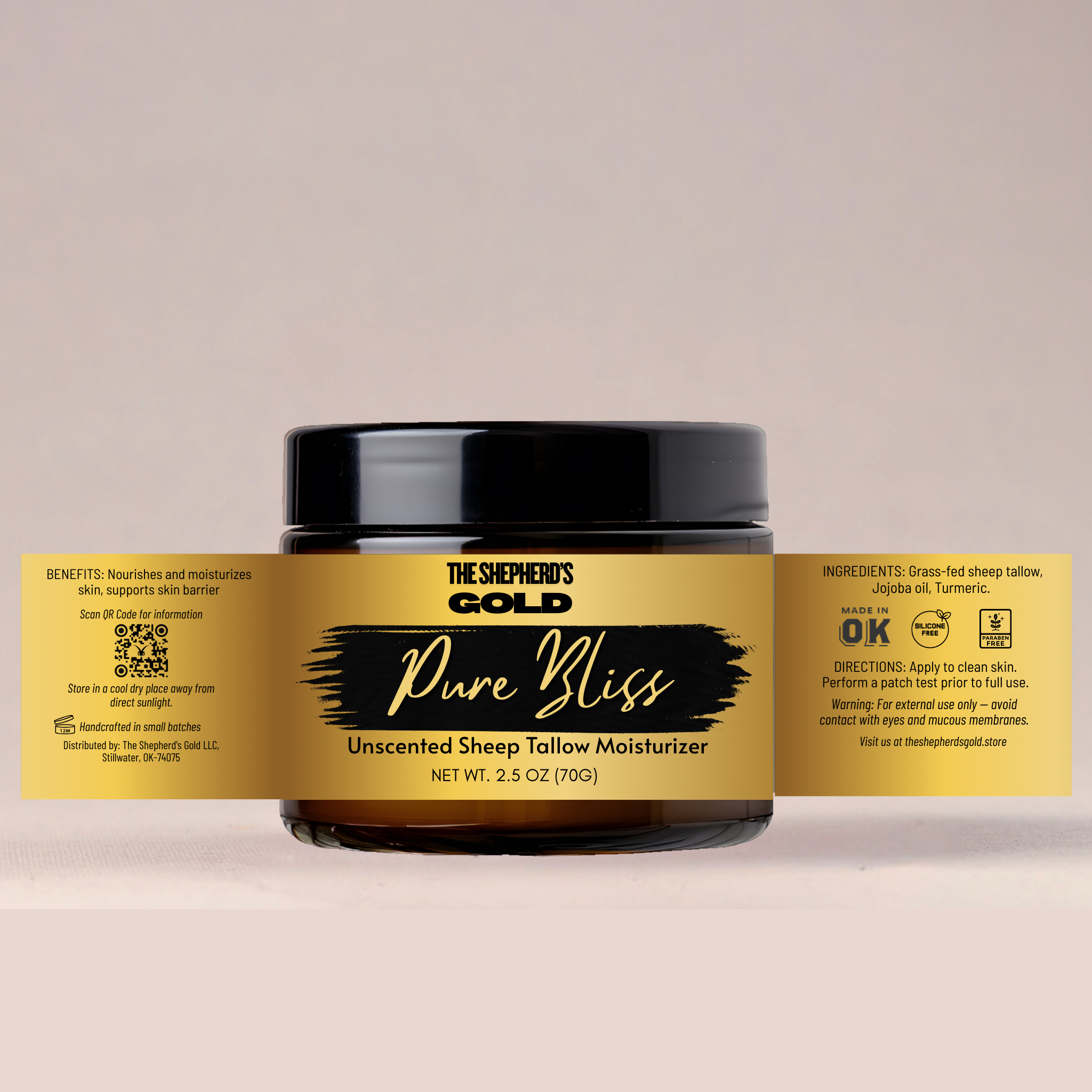 Shepherd's Gold Pure Bliss unscented sheep tallow moisturizer 2.5oz jar on a beige background