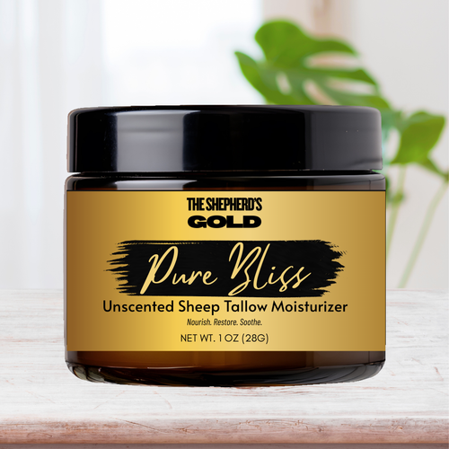 Shepherd's Gold Pure Bliss unscented sheep tallow moisturizer jar on a light background