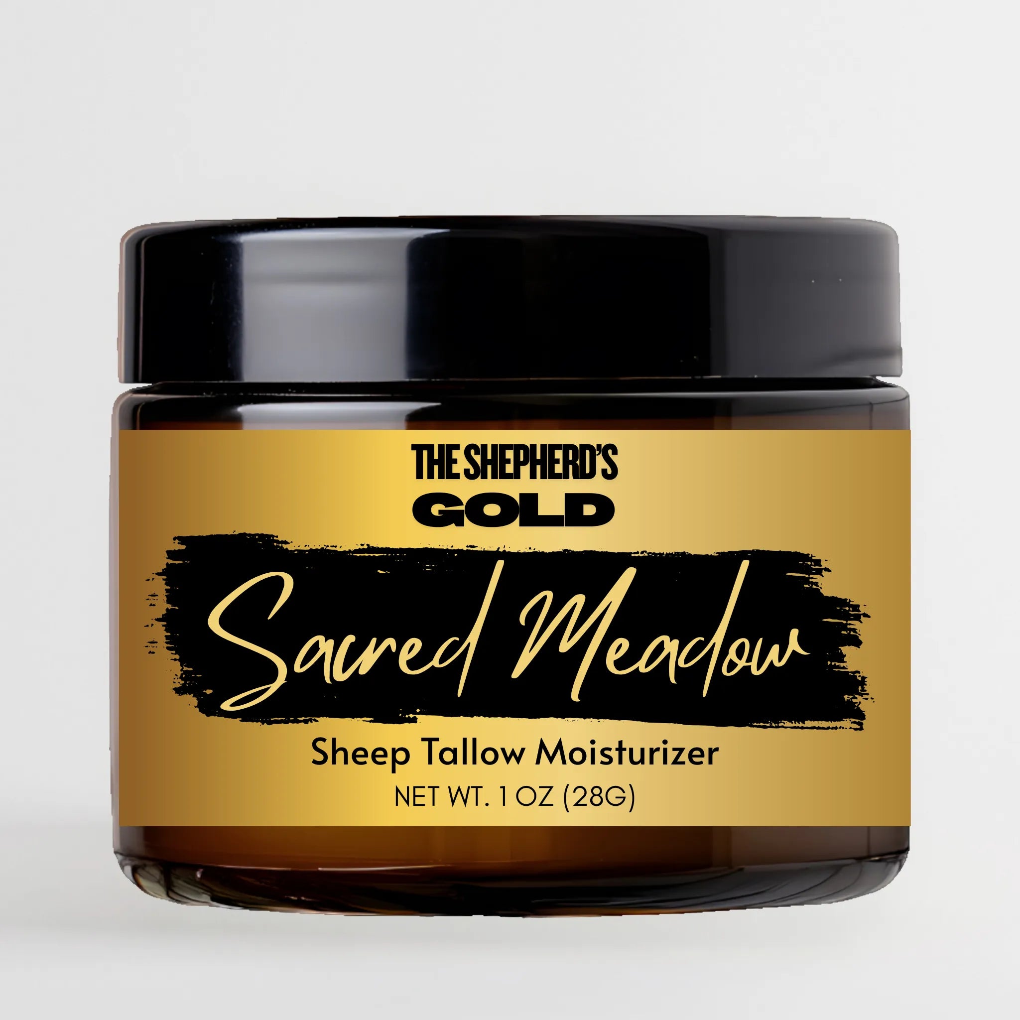Sheep tallow moisturizer jar labeled 'The Shepherd's Gold Sacred Meadow' on a light gray background