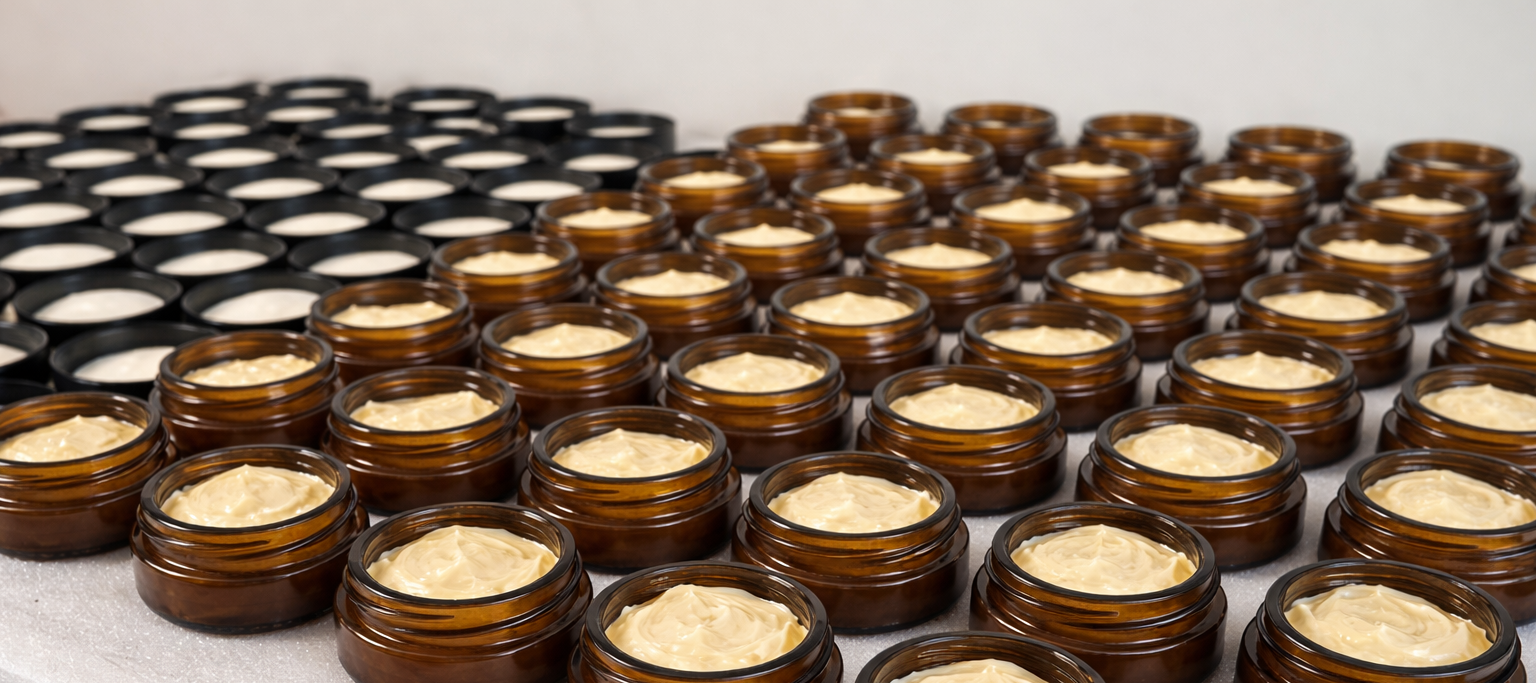 Multiple amber jars with sheep tallow moisturizers from the shepherd's gold brand product called sacred meadow